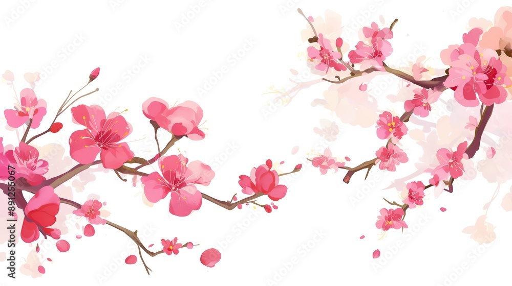 Pink flowers, pink cherry blossoms, simple lines, white background, vector illustration style, flat design, hand drawn cartoon line drawing, generated AI Pink flowers, pink cherry blossoms, simple lines, white background, vector illustration style, flat design, hand drawn cartoon line drawing, generated AI