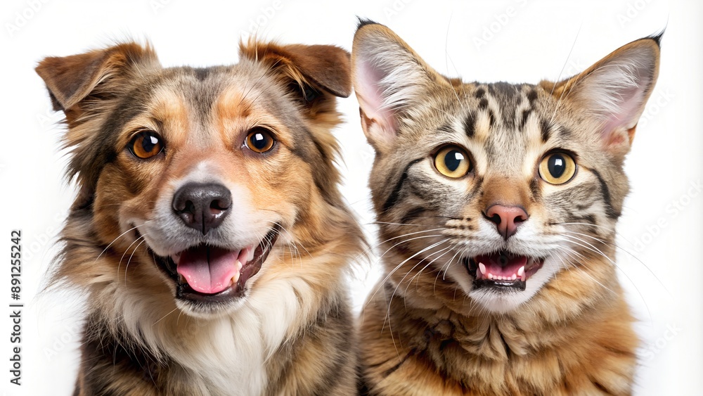Happy dog and cat smiling on white background Happy dog and cat smiling on white background