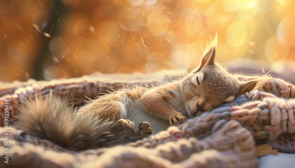 Fototapeta premium Sleeping Squirrel on Cozy Blanket in Daylight, Peaceful Atmosphere