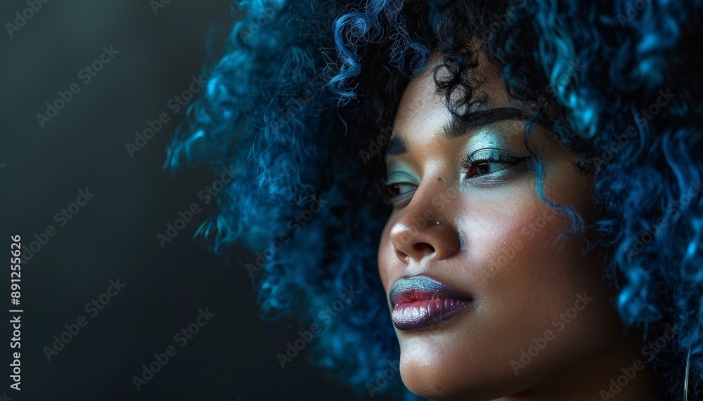 Fototapeta premium Beautiful Plus Size Black Woman with Blue Hair, Studio Shot, Confident and Outgoing