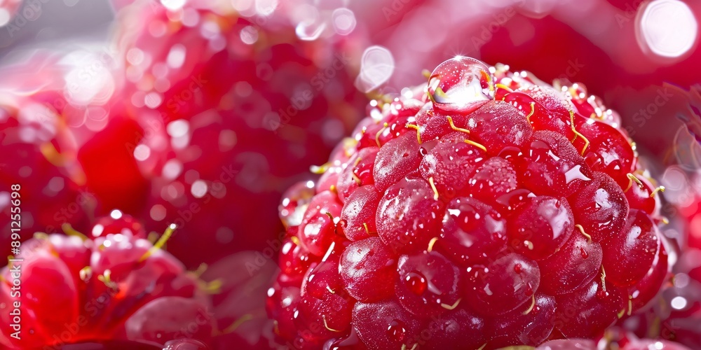Close-up image of fresh, dew-covered raspberries with a soft-focus background. Close-up food photography Close-up image of fresh, dew-covered raspberries with a soft-focus background. Close-up food photography