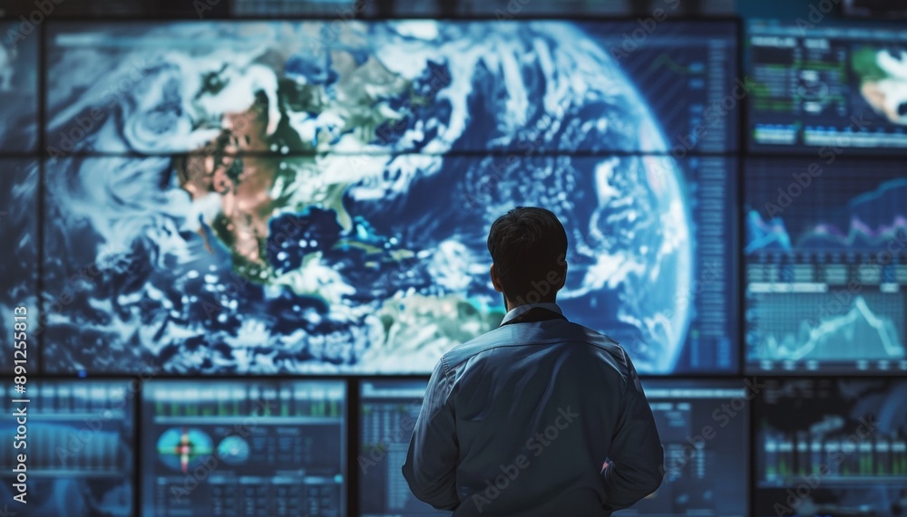 Meteorologist Analyzing Severe Climate Events on Advanced Display Systems in Operations Center Meteorologist Analyzing Severe Climate Events on Advanced Display Systems in Operations Center