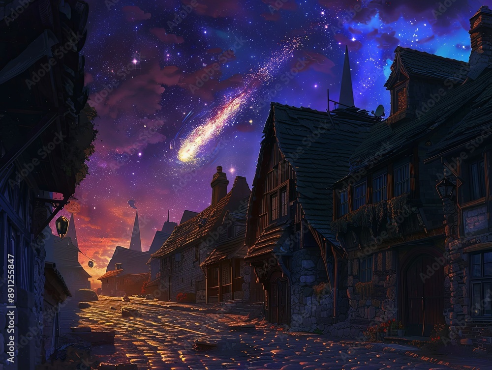 Obraz premium Awe grips a village as a vibrant comet streaks overhead, casting an ethereal glow on cobblestone streets