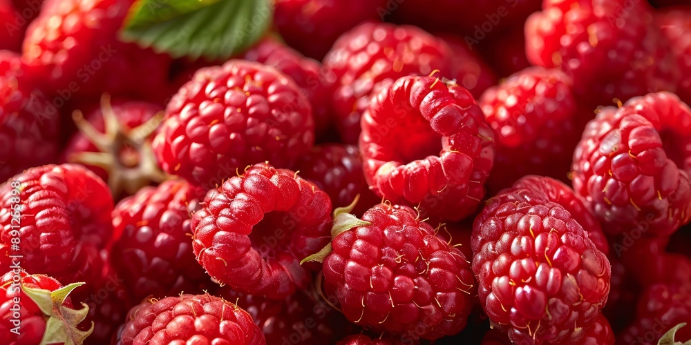 Macro shot of fresh, dew-covered raspberries. Raspberry banner. Raspberry background.
Macro shot of fresh, dew-covered raspberries. Raspberry banner. Raspberry background.