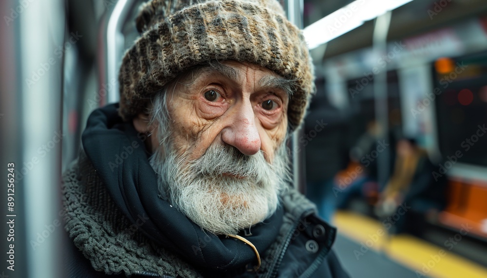 Portrait of Content Elderly Man with Beanie on Subway Train Ride, Positive Homelessness Portrait of Content Elderly Man with Beanie on Subway Train Ride, Positive Homelessness