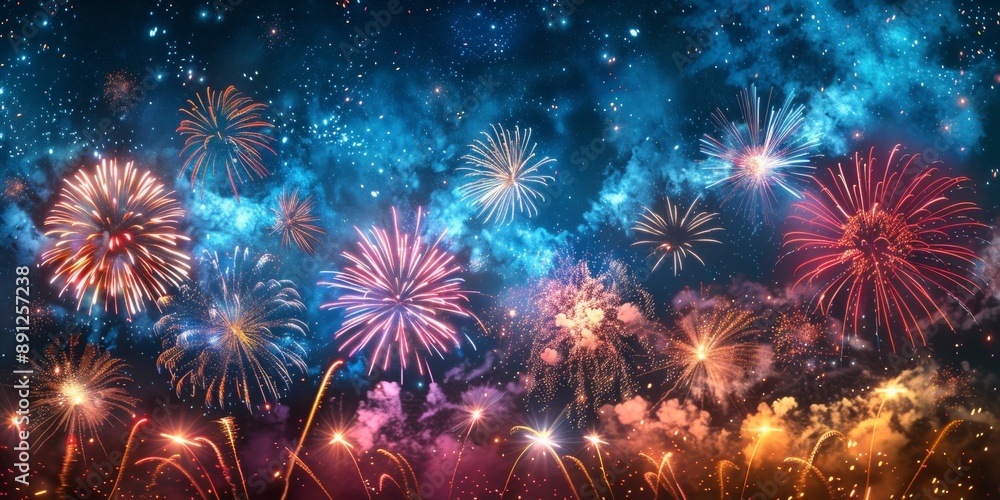 Fireworks display on black background, red and gold colors Fireworks display on black background, red and gold colors