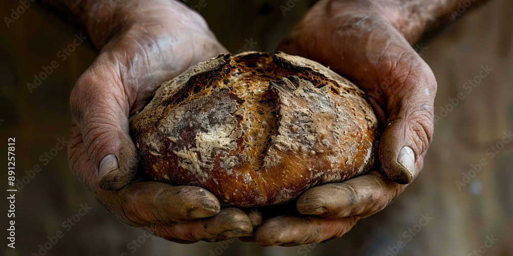 Hands That Feed Us: A pair of calloused, yet strong-looking hands holding a piece of farm-fresh bread. Hands That Feed Us: A pair of calloused, yet strong-looking hands holding a piece of farm-fresh bread.
