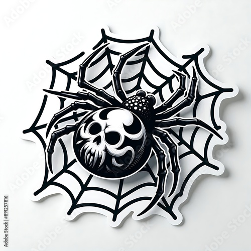 Black spider with a skull design on its back in a web. Halloween sticker with white border isolated on white background. Horror and monster stickers concept