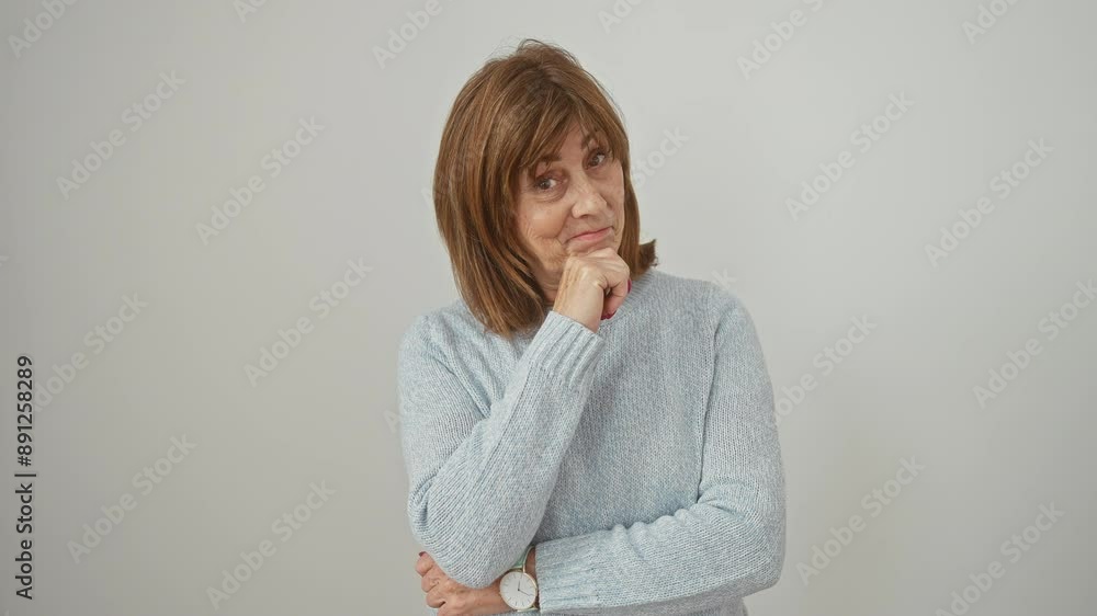 Worried middle-aged woman in sweater, nervously pondering with hand to chin, isolated on white background Worried middle-aged woman in sweater, nervously pondering with hand to chin, isolated on white background