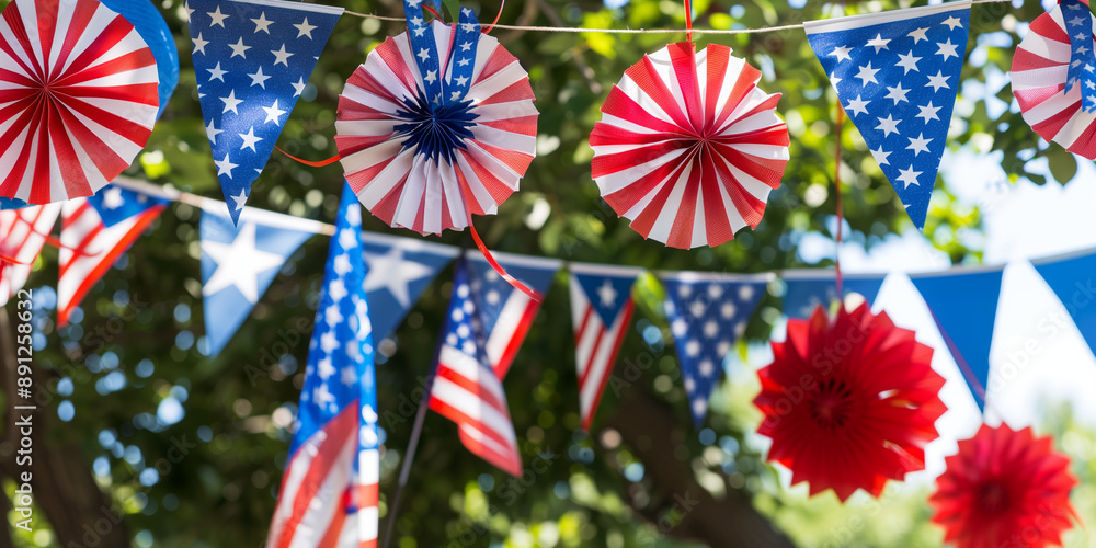 Obraz premium Patriotic Decor and Symbols for American Holidays – Flags, Bunting, Festive Decorations for Labor Day, Fourth of July, Memorial Day