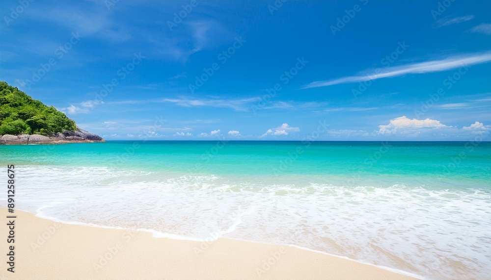 Obraz premium Beautiful tropical beach with palm trees, sunset beach seascape, design template for travel banner.