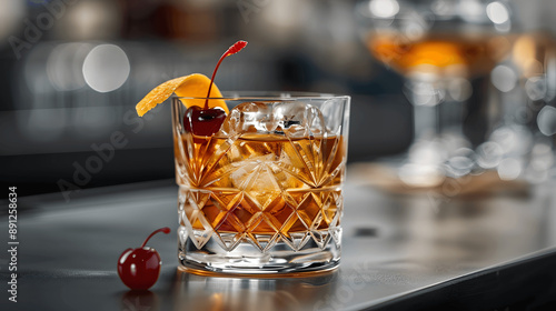 Classic old fashioned cocktail in crystal glass with orange twist and cherry