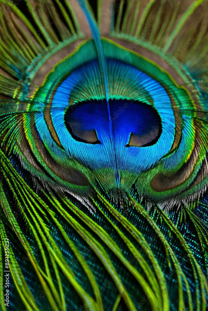 Naklejka premium Peacock Feather Detail Showcase the intricate detail of a single peacock feather