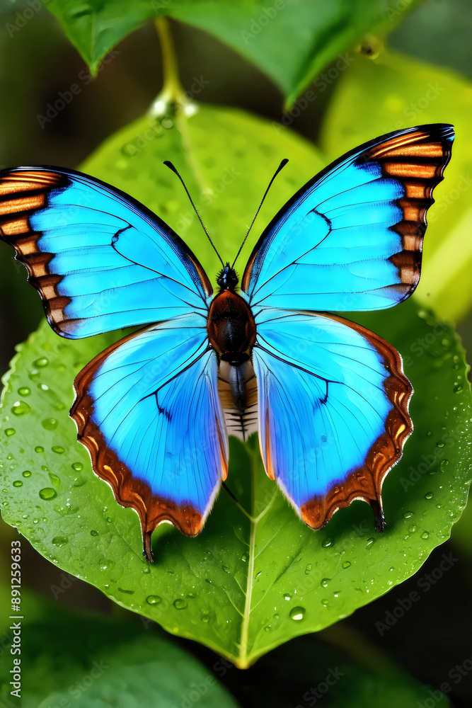 Butterfly on a Leaf A single, vibrant blue Morpho butterfly rests on a large, emerald green leaf. Butterfly on a Leaf A single, vibrant blue Morpho butterfly rests on a large, emerald green leaf.