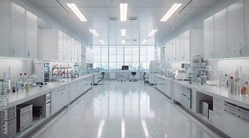 A clean and modern laboratory with white walls, high ceilings, large windows.