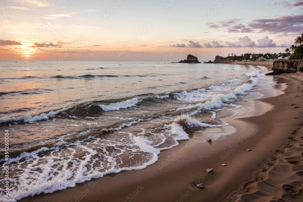 A breathtaking sunset over the ocean, with powerful waves crashing against the shore. The sky is ablaze with hues of orange, pink, and purple, reflecting off the turbulent water. The sound of the wave A breathtaking sunset over the ocean, with powerful waves crashing against the shore. The sky is ablaze with hues of orange, pink, and purple, reflecting off the turbulent water. The sound of the wave