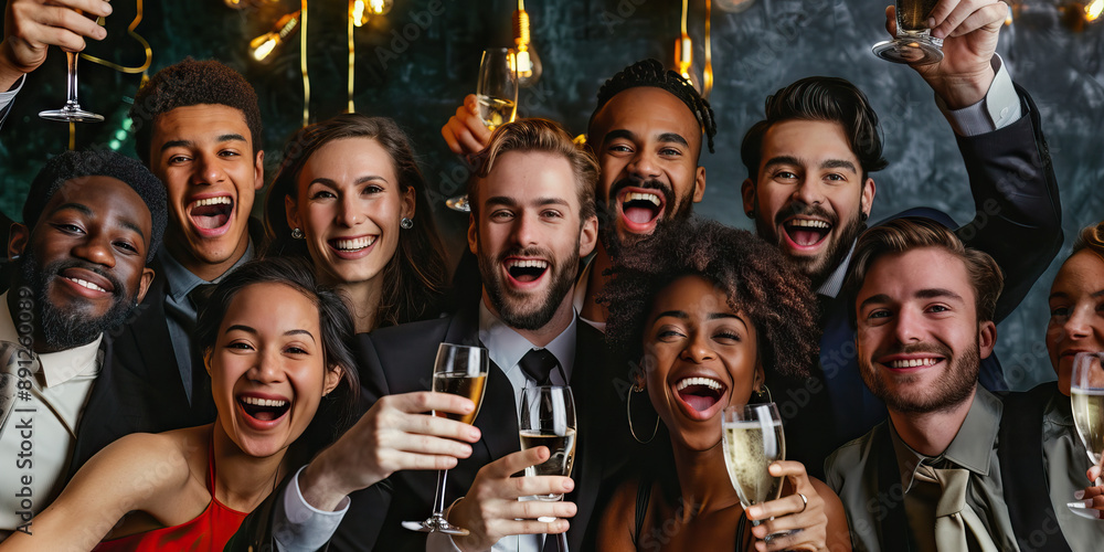 Golden Age of Prosperity: A group portrait of diverse people in suits and dresses, smiling and raising glasses of champagne.