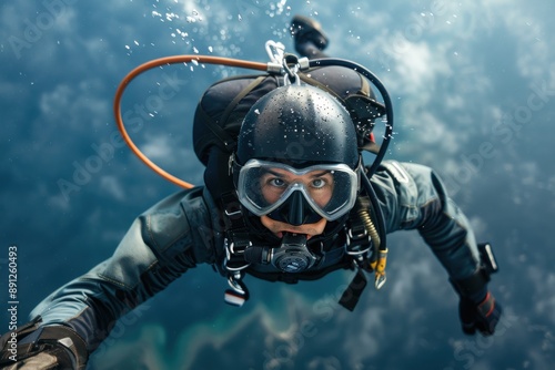 An underwater diver equipped with professional gear explores the depths of the ocean, highlighting the adventure and mystery of underwater exploration.