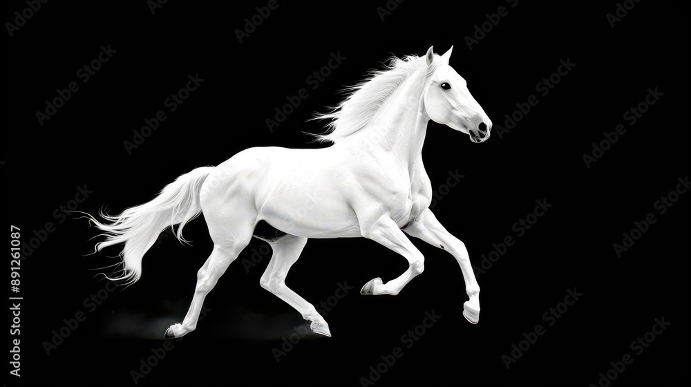 Striking image of a white horse galloping in the dark, front and rear legs spread out for a powerful and majestic sight. Striking image of a white horse galloping in the dark, front and rear legs spread out for a powerful and majestic sight.