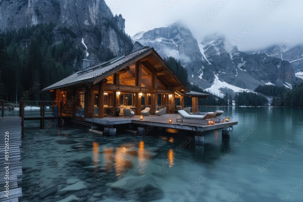 Fototapeta premium An alpine cabin stands over a turquoise lake, surrounded by towering mountains, with cozy lights illuminating the wooden structure, creating a serene and picturesque scene.