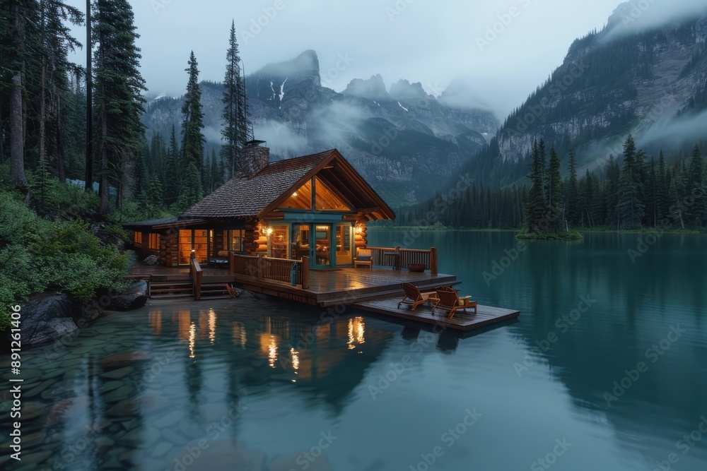 Naklejka premium Lakeside log cabin with a wooden deck and Adirondack chairs, set in a tranquil mountain-view environment, beautifully illuminated during twilight with a calm water reflection.