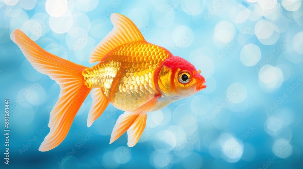 Fototapeta premium Stunning digital art of a radiant goldfish with a blurred bokeh background.