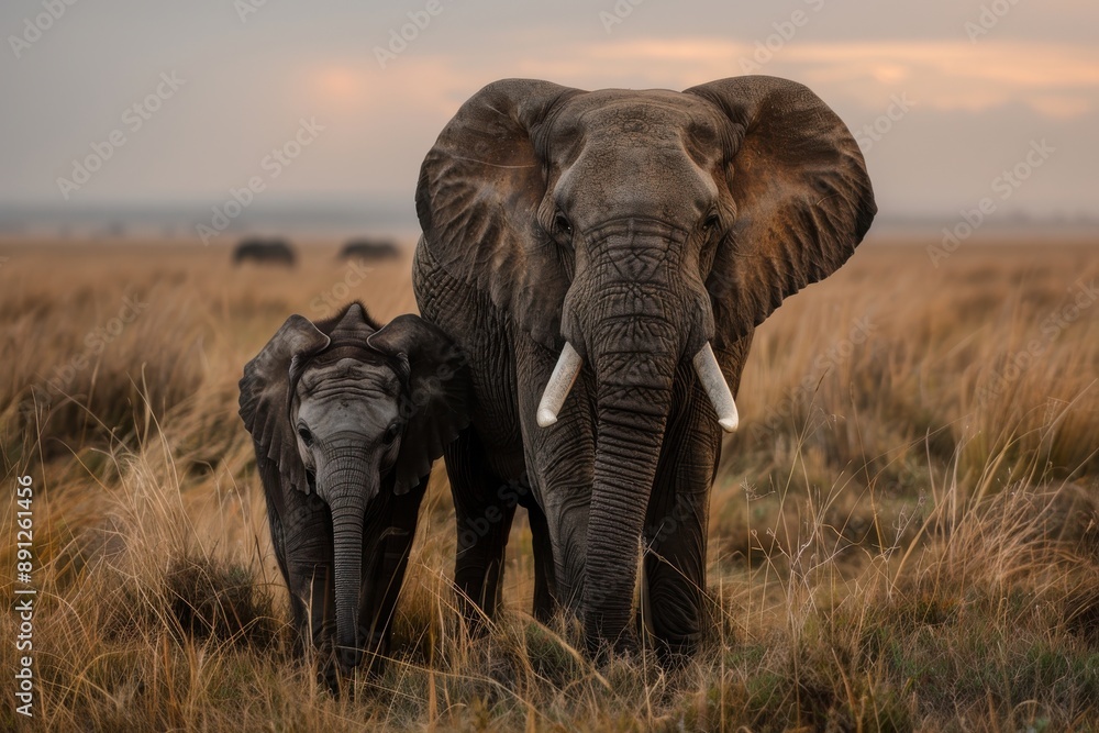 Obraz premium A serene image capturing a majestic adult elephant and a young calf standing in the tall grass against a beautiful sunset backdrop, highlighting their bond and grandeur.
