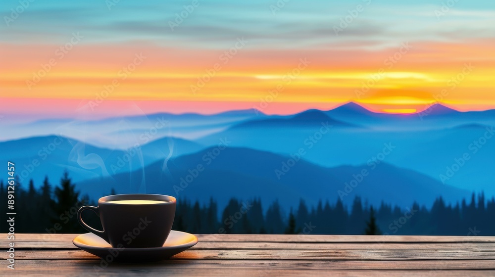 Enjoy a steaming cup of coffee against a picturesque sunset backdrop in the mountains. Enjoy a steaming cup of coffee against a picturesque sunset backdrop in the mountains.