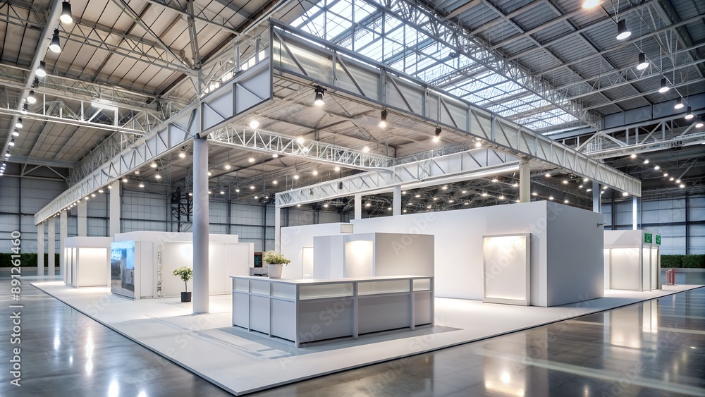 Empty trade show booth exhibit display in modern bright open plan building Empty trade show booth exhibit display in modern bright open plan building