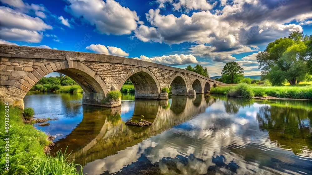 Old stone arch bridge reflecting on calm river under blue sky Old stone arch bridge reflecting on calm river under blue sky