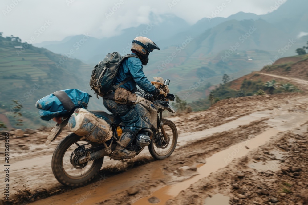 A solo motorcyclist is navigating a muddy and challenging road through a misty terrain, an illustration of the tough, solitary journey amidst the beauty of nature. A solo motorcyclist is navigating a muddy and challenging road through a misty terrain, an illustration of the tough, solitary journey amidst the beauty of nature.