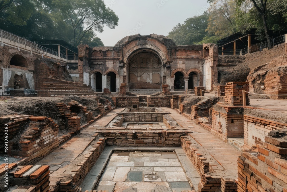 Obraz premium The ancient ruins of Roman baths, featuring intricate brick archways and remnants of the sophisticated bathing complex, exhibit the grandeur of Roman engineering and communal culture.