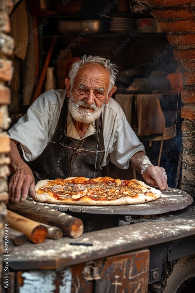 Old Italian Chef with Freshly Baked Pizza Old Italian Chef with Freshly Baked Pizza