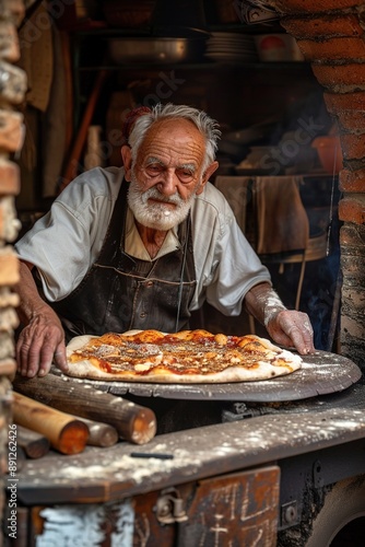 Old Italian Chef with Freshly Baked Pizza