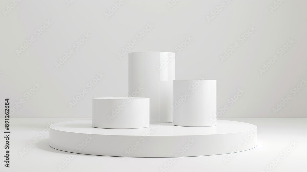 3d render of white podium with three vertical blocks on the round platform, 3d render of white podium with three vertical blocks on the round platform,
