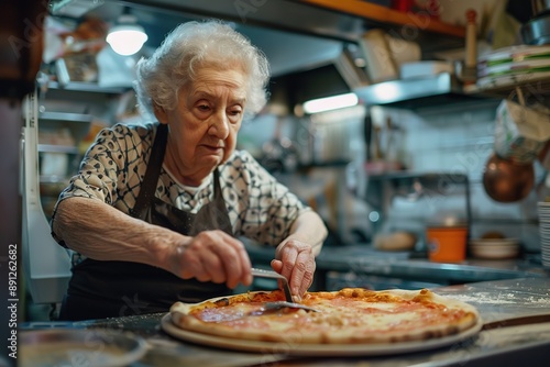 Elderly Woman Chef Presenting Homemade Pizza