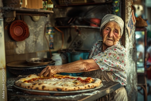 Elderly Woman Chef Presenting Homemade Pizza photo