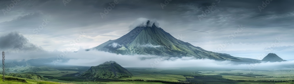 Fototapeta premium Majestic mountain landscape with misty peaks and lush green fields, enveloped in low-lying clouds against a dramatic sky.