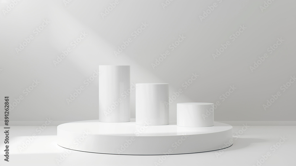 3d render of white podium with three vertical blocks on the round platform,