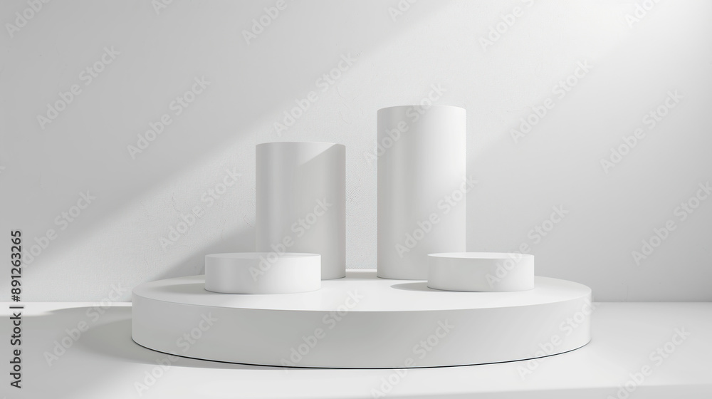 3d render of white podium with three vertical blocks on the round platform, 3d render of white podium with three vertical blocks on the round platform,