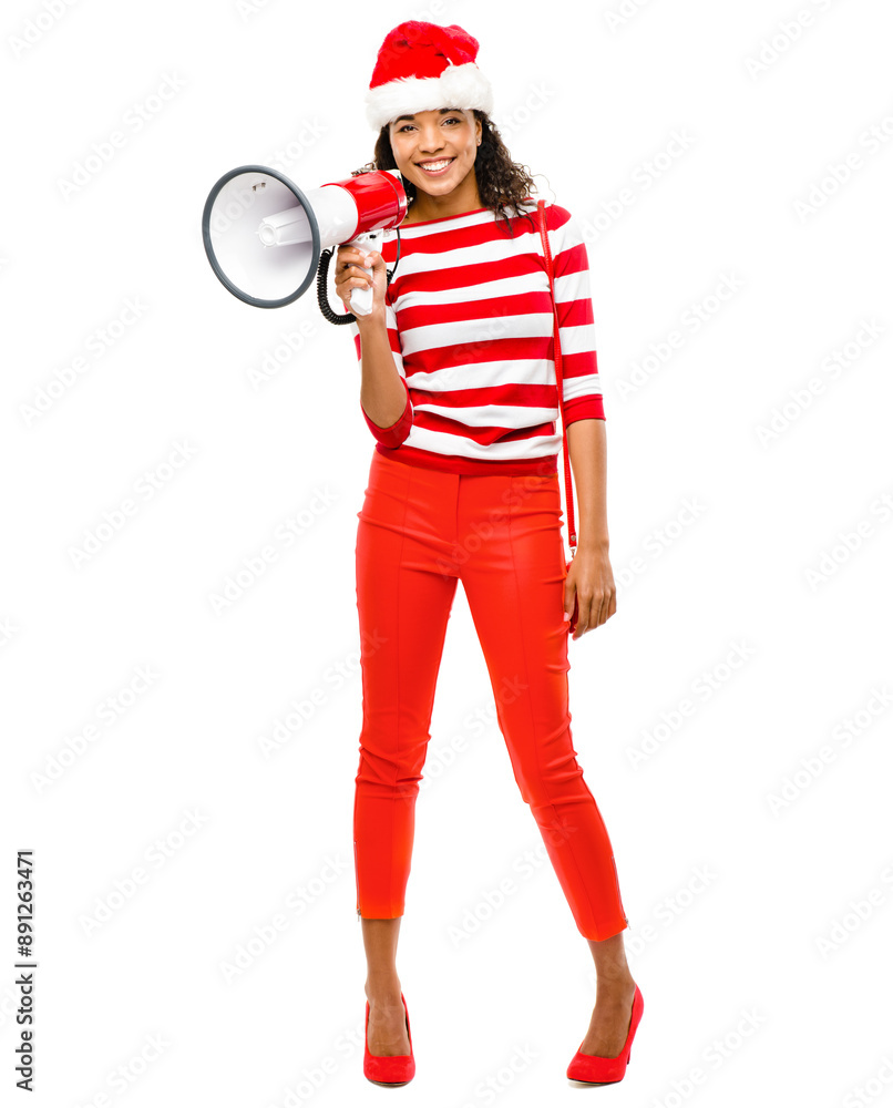 Portrait, Christmas and woman with megaphone, smile and person isolated on white studio background. Face, model and girl with Xmas hat, announcement for holiday deals and fashion with celebration Portrait, Christmas and woman with megaphone, smile and person isolated on white studio background. Face, model and girl with Xmas hat, announcement for holiday deals and fashion with celebration
