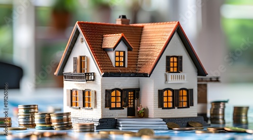 A miniature house model surrounded by coins in the background