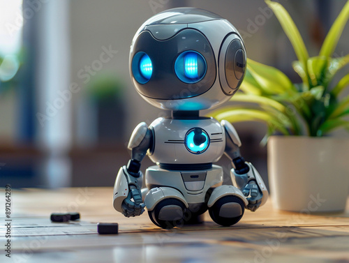 Small White Robot Sitting On Table With Blue Lights