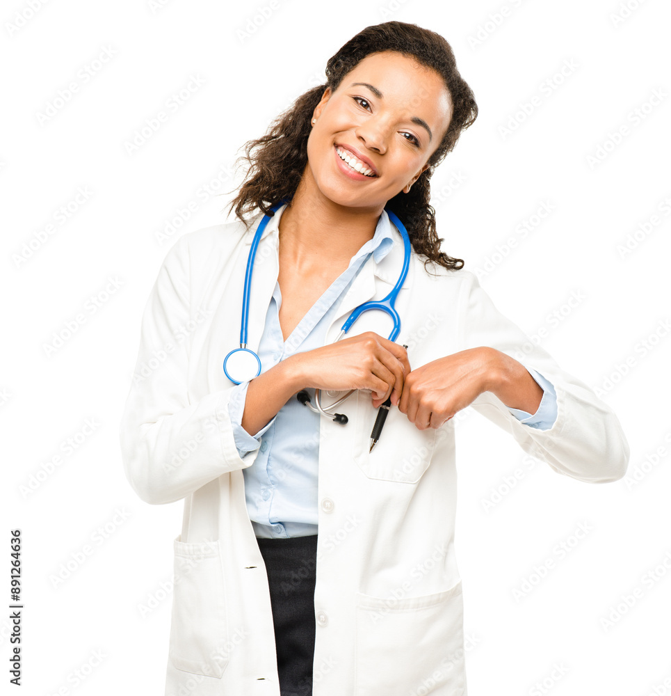 Woman, doctor and portrait in studio with smile, healthcare and stethoscope on white background. Medicine, pen or prescription for cardiology health, female person or face for clinic help or medicare Woman, doctor and portrait in studio with smile, healthcare and stethoscope on white background. Medicine, pen or prescription for cardiology health, female person or face for clinic help or medicare