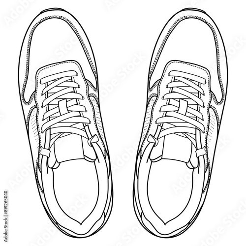 hand drawn sneakers, gym shoes, top view. Image in different views - front, back, top, side, sole and 3d view. Doodle vector illustration.	