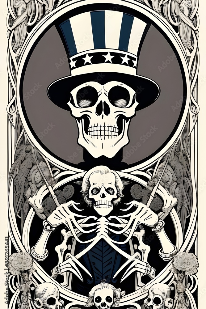 hand drawn illustration of a human skeleton dressed as uncle sam, skull, tattoo art, usa, united states of america, patriot, patriotic, army, military, death hand drawn illustration of a human skeleton dressed as uncle sam, skull, tattoo art, usa, united states of america, patriot, patriotic, army, military, death
