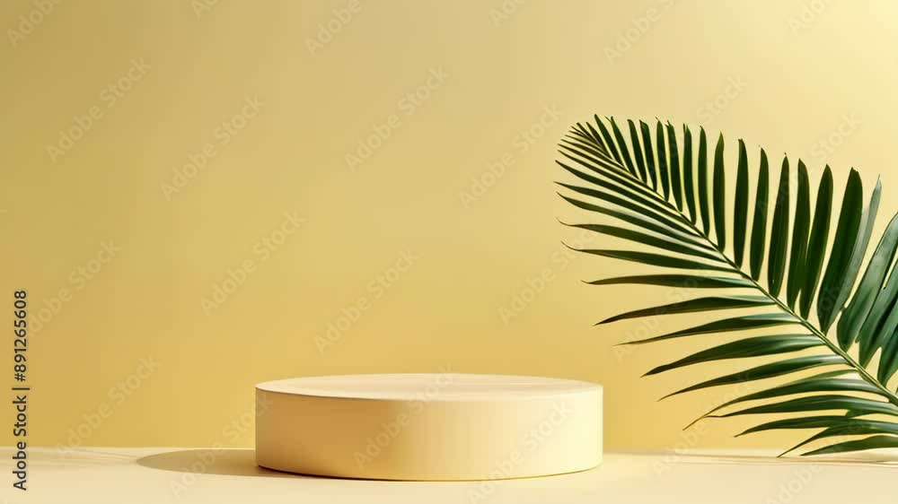 Podium on soft pastel yellow background with soft light on minimal background, palm leaf shaped shadow animation from sunlight Podium on soft pastel yellow background with soft light on minimal background, palm leaf shaped shadow animation from sunlight