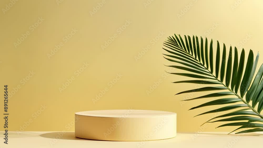 Podium on soft pastel yellow background with soft light on minimal background, palm leaf shaped shadow animation from sunlight Podium on soft pastel yellow background with soft light on minimal background, palm leaf shaped shadow animation from sunlight