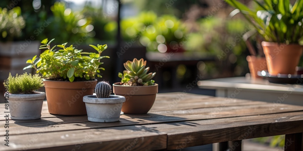 Close-up of a wooden table with potted plants in a bright, blurred garden background, perfect for outdoor living and nature themes. Close-up of a wooden table with potted plants in a bright, blurred garden background, perfect for outdoor living and nature themes.