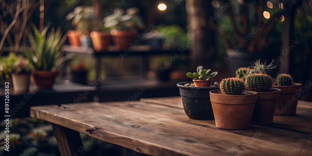 Close-up of a wooden table with potted plants in a bright, blurred garden background, perfect for outdoor living and nature themes. Close-up of a wooden table with potted plants in a bright, blurred garden background, perfect for outdoor living and nature themes.